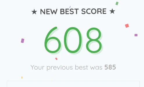 Screenshot of my current high score (608) on Wordoid, a word game