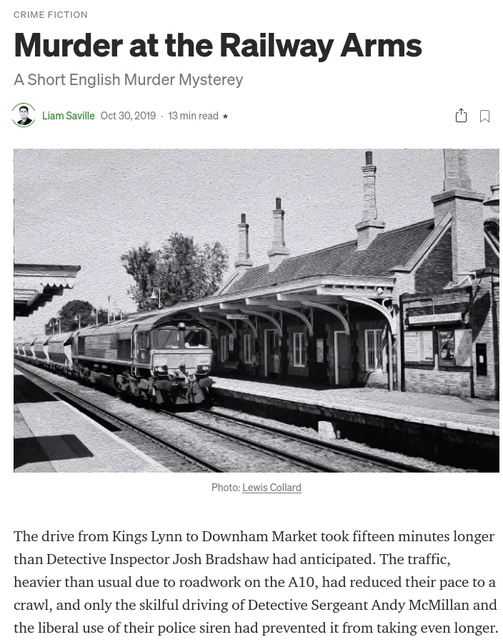 Screenshot of Liam Saville's short story "Murder at the Railway Arms", with my photo heading up the article