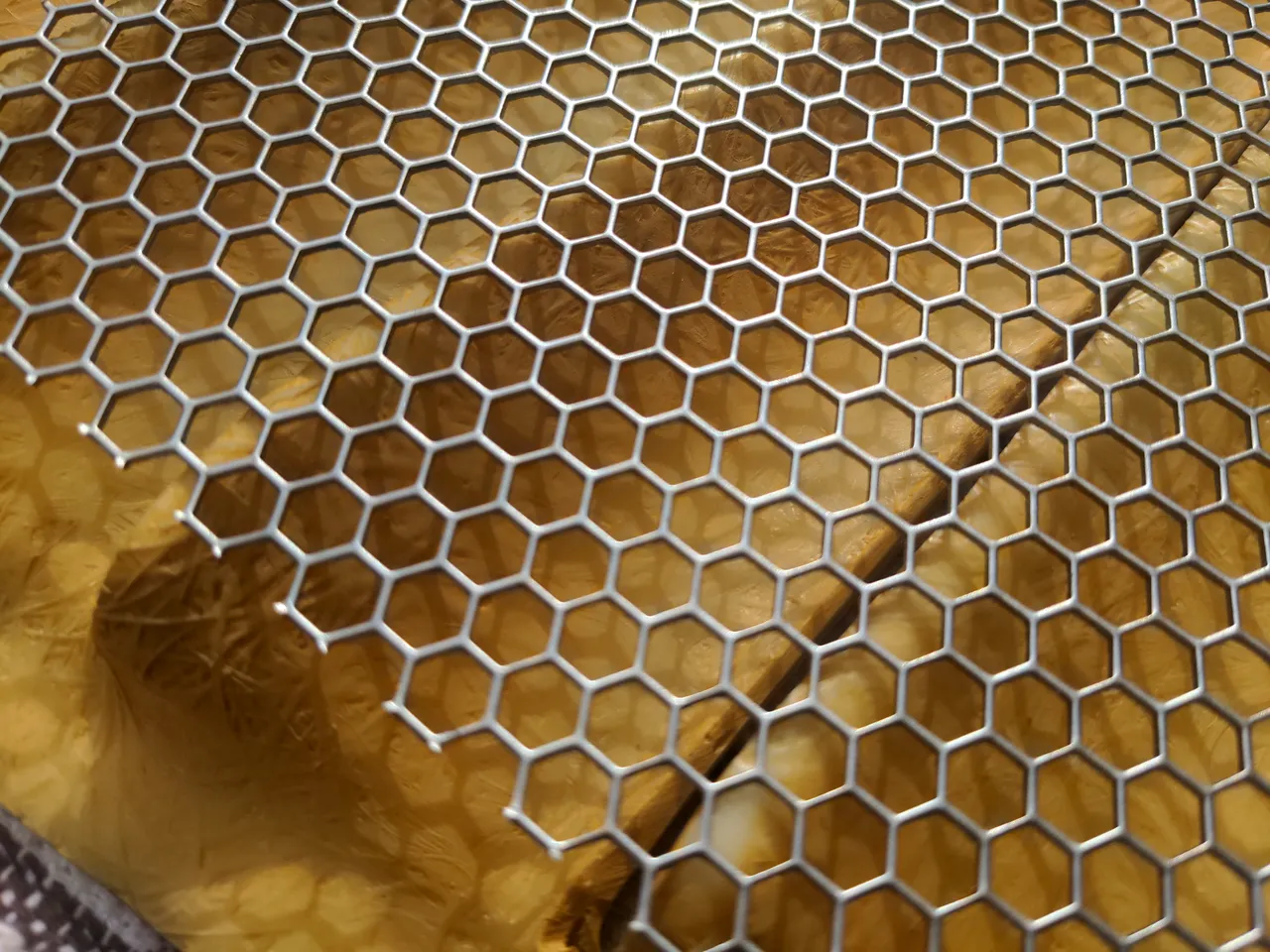 Some steel mesh with hexagonal perforations. The gaps between the hexagonal holes are about 1.5mm and the holes are about 7mm wide.
