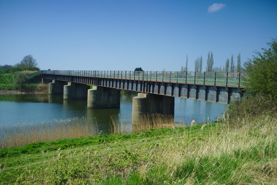 The Magdalen railway bridge, intact and spanning the Great Ouse relief channel.