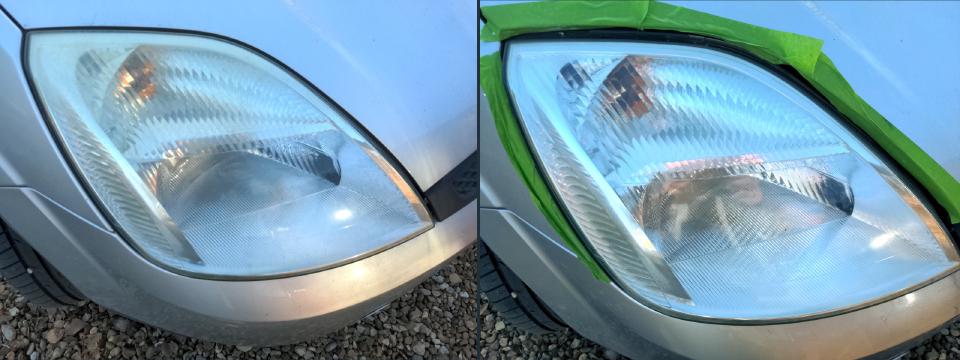 Side-by-side before and after pictures, after polishing the headlights of my Fiesta. The after shows them much less hazy.