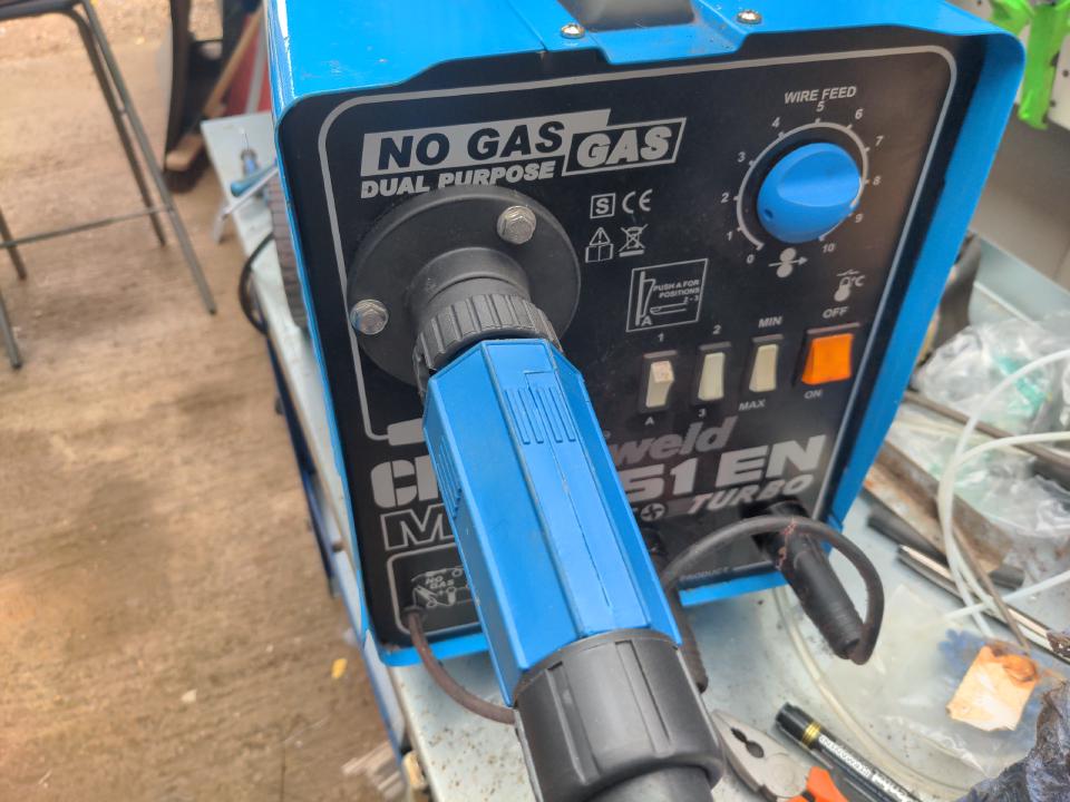 My MIG welder. It is a small machine, a Clarke 151 EN. It sits on my workbench. It has a Euro torch socket on the front.