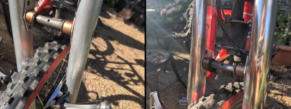 Before and after polishing the legs of the forks; grey has turned into shiny aluminium.