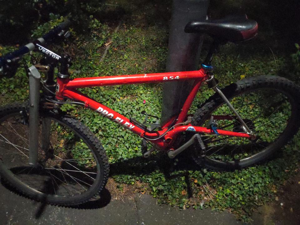 Poorly lit by a street lamp is a Proflex 854. It is an early full-suspension bike with a red frame.
