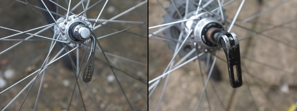 Two photos side-by-side of mismatched skewers; one is a silver Shimano and the other a black, more rectangular unbranded one.