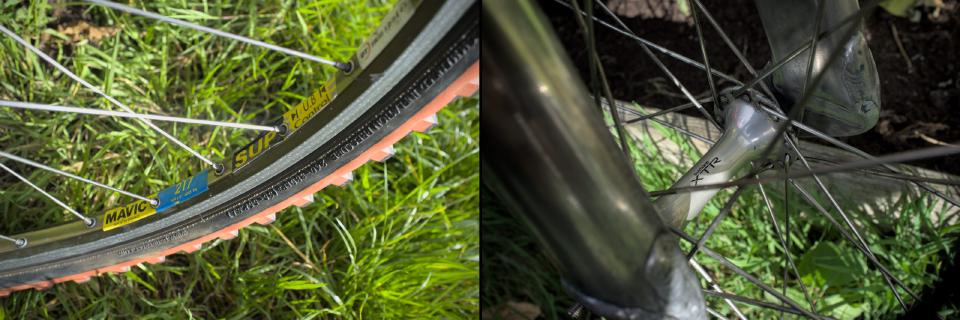 Two pictures; on the left is a close up of the stickers on a Mavic 217 rim, and the other is a look at the silver XTR hubs.