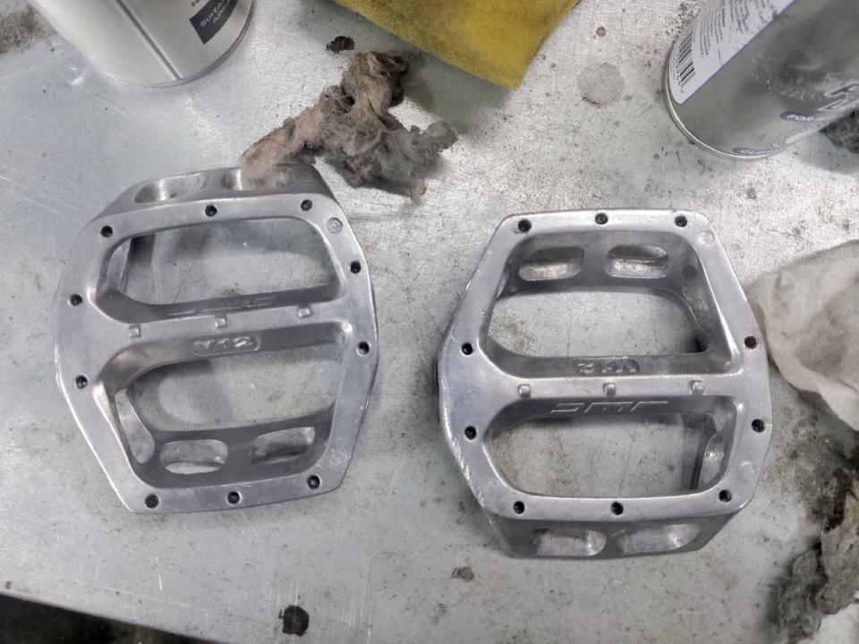 The pedals with their internals removed. The outside has been polished up to a not-quite-mirror finish.