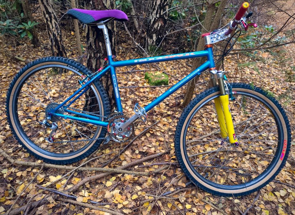 My Ridgeback 603 with all the components mentioned above fitted; it is very colourful with a blue frame, yellow forks and all kinds of different-coloured components.