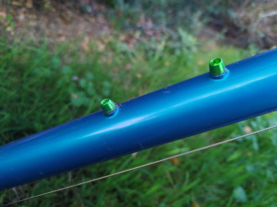 The visible heads of some green M5 bolts in a blue bicycle frame.