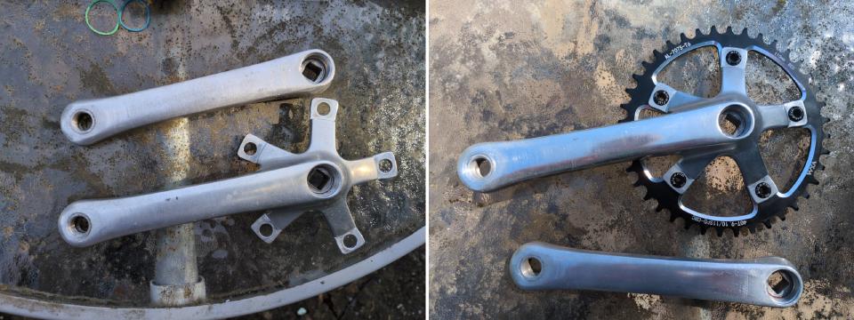 Side-by-side picture: a pair of bare Deore DX cranks from the 1990s when I purchased them, and the same cranks after a lot of polishing fitted with a 40T narrow-wide chainring.