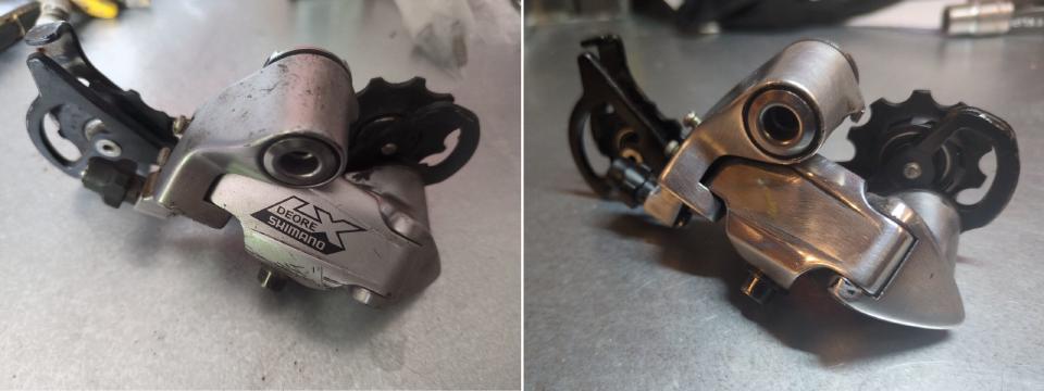 A side-by-side picture of an LX M570 rear mech before and after polishing. Before, it has a dull and scratched silver anodised finish; after, it is very shiny raw aluminium.