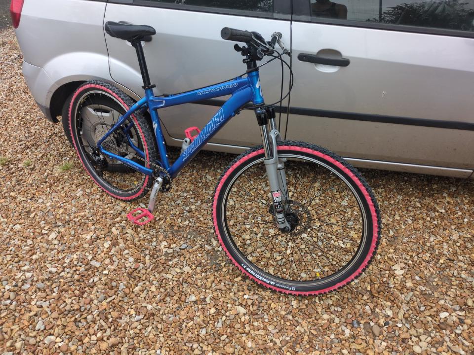 A blue Specialized Rockhopper from 2003 with a 1x10 drivetrain conversion.